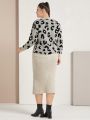 SHEIN Mulvari Leopard Pattern Plus Size Long Sleeve Sweater And Knit Skirt Set