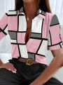 Geometric Pattern Shirt With Open Front, Mid Sleeve, Tie Cuff Detail