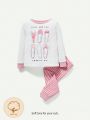 Cozy Cub Baby Girls' Elegant Ballet Shoes Pattern Round Neck Sweatshirt And Striped Pants Homewear Set, Pink & White Colors Mix