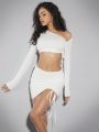 SHEIN BAE Women's White Off-Shoulder Asymmetric Hem Long Sleeve Crop Top And Short Drawstring Ruffle Mini Skirt Set