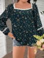 SHEIN LUNE Plus Size Lace Decorated Lantern Sleeve Floral Blouse