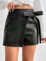 SHEIN Privé Pu Pants/skirt With Bowknot Tie