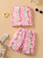Little Girls' Floral Striped Printed Sleeveless Top And Shorts Set