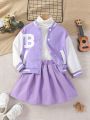 Little Girls' Letter Printed Baseball Jacket And Skirt Set