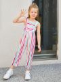 SHEIN Kids SUNSHNE Toddler Girls' Striped Suspenders Tank Top Jumpsuit With Capri Pants, Perfect For Vacation