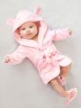 Baby Girl Cartoon Graphic 3D Ear Design Hooded Belted Robe With Slippers