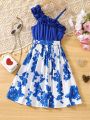 SHEIN Kids SUNSHNE Tween Girl Floral Print Asymmetrical Collar Ruffle Trim Dress