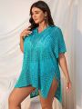 SHEIN Swim BohoFeel Plus Size Women'S Hollow Out Knitted Open Front Cover Up With Side Knot