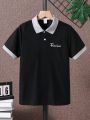 SHEIN Kids EVRYDAY Boys' Contrast Color Letter Embroidered Casual Polo Shirt