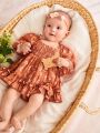 SHEIN Newborn Baby Girl'S Floral Print Ruffle Hem Long Sleeve Dress