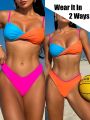 SHEIN Swim Mod Ladies' Color Block Swimsuit Set With 2 Wearing Ways