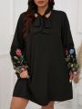 SHEIN LUNE Plus Size Women's Floral Embroidered Mesh Ruffle Sleeve Tie Neck Maxi Dress