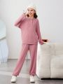 SHEIN Kids EVRYDAY Tween Girls' Solid Color Knitted Half-zip Loose Casual Top And Loose Knit Casual Pants Two Piece Set