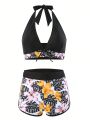 Women'S Tropical Random Print Halterneck Separated Swimsuit