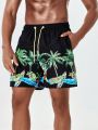 Men'S Coconut Tree & Cartoon Printed Beach Shorts With Slanted Pockets