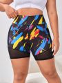 Plus Brush Stroke Print Mesh Insert Sports Shorts With Phone Pocket