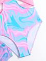 Girls' (Big) Marble Printed One Piece Swimwear With Mesh Cover Up