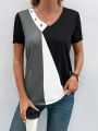 Women's Color Block Sleeve Lace Splice T-shirt