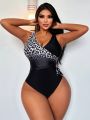 SHEIN Swim Chicsea Gradient Leopard Print Wrap & Tie Design One Piece Swimsuit