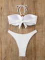 SHEIN Swim Vcay Ladies' Solid Color Halter Neck Bikini Swimsuit Set