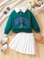 SHEIN Kids Cooltwn Little Girls' Contrast Color Letter Print Drop Shoulder Long Sleeve Sweatshirt And Pleated Half Skirt Two Piece Outfit