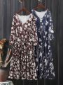 Plus Size Women's Floral Printed Long Sleeve Dress