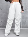 SHEIN PETITE Women's Drawstring Waist Flap Pocket Cargo Pants, Long