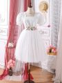 Teen Girls' Fashionable Lace Belt Puff Sleeve Mesh Dress