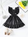 Baby Girl's Black Cool Design Crossed Pinafore Dress With Ruffled Hemline