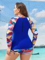 SHEIN Swim SPRTY Plus Size Women's Leaf Printed Long Sleeve Tankini Swimsuit Set