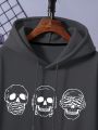 Men Plus Skull Print Kangaroo Pocket Drawstring Thermal Hoodie