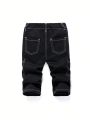 SHEIN Baby Boys' Casual Loose Fit Elastic Waist Contrast Color Panel Straight Jeans With Faux Fly