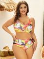 SHEIN Swim Vcay Plus Size Tropical Printed Bikini Set With Cross Detailing + Swim Skirt