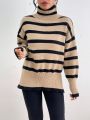 SHEIN Essnce Striped Pattern Turtleneck Drop Shoulder Split Hem Sweater