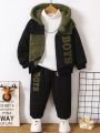 SHEIN Young Boy 2pcs/Set Regular Wear Casual Letter Printed Hooded Patchwork Sweatshirt And Long Pants For Fall/Winter
