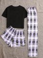 Bow & Letter Graphic Tee & Plaid Print Shorts & Pants PJ Set