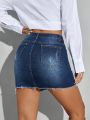 High Waist Ripped Bodycon Denim Midi Skirt