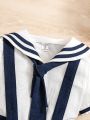 SHEIN Kids Academe Young Boy Casual Simple Sailor Collar Short Sleeve Top And Overalls Shorts Set For Summer