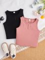 SHEIN Kids QTFun Girls' Knitted Solid Color Ribbed Open Front Casual Vest 2pcs/set