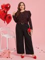 SHEIN Clasi Plus Size Women Valentine's Day Love Heart Pattern Leg Of Muttons Sleeve Shirt