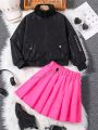 SHEIN Kids Nujoom Older Girl's Velvet Jacket And Chain Detail Skirt Two-piece Set