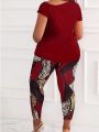 Plus Size Letter Print Asymmetric Collar Top And Animal Print Stitching Hollow Leggings Two-Piece Set