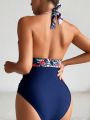 SHEIN Swim Classy Women'S One Piece Swimsuit With Floral Print And Halter Neck Design