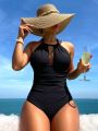 SHEIN Swim Basics Solid Color Halter Neck One Piece Swimsuit With Ruffle Detail