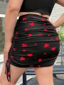 SHEIN Qutie Plus Size Women'S Heart Print Mesh Drawstring Skirt