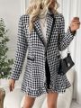 SHEIN Privé Houndstooth Patterned Blazer With False Pockets