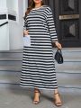 SHEIN Mulvari Women's Plus Size Striped Patch Pocket A-line Dress With Round Neck