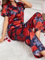 Ladies' Floral Printed Short Sleeve Shirt And Long Pants Pajama Set