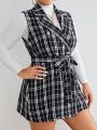 SHEIN Privé Plus Plaid Pattern Belted Vest Overcoat