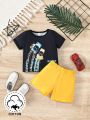 2pcs Baby Boy Spring Summer Outfits, Casual Cool Black Printed Tee And Shorts With Cute Car Print